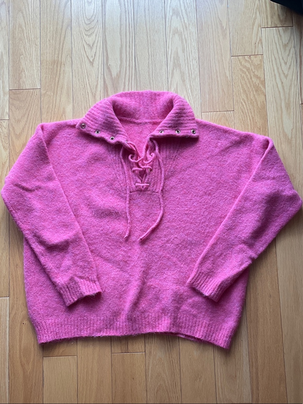 Sezane size M Lace-Up Cowl Neck Sweater in Bright Pink